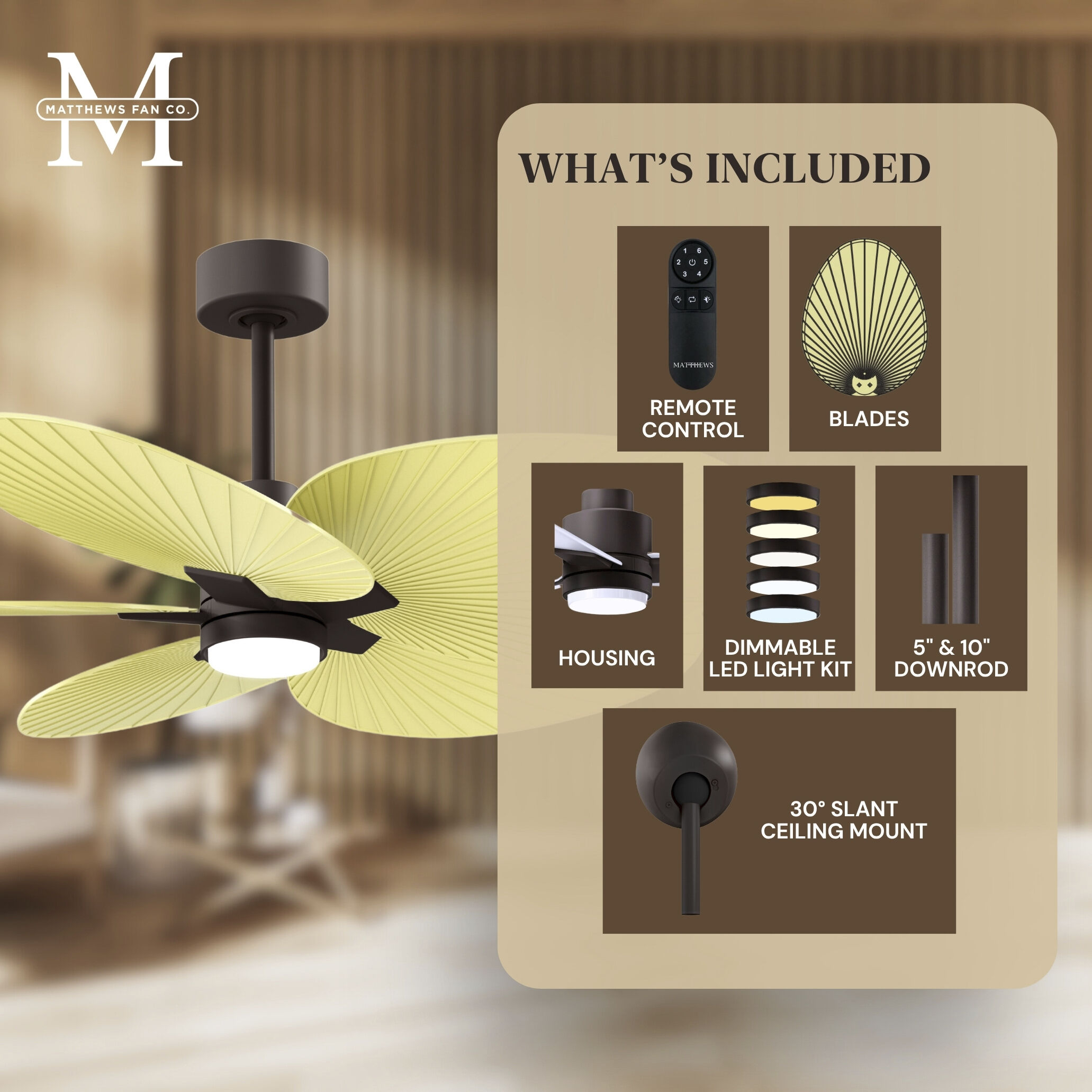 Atlas Alessandra Tropical - LK 48 inch Textured Bronze with Light Yellow Blades Ceiling Fan